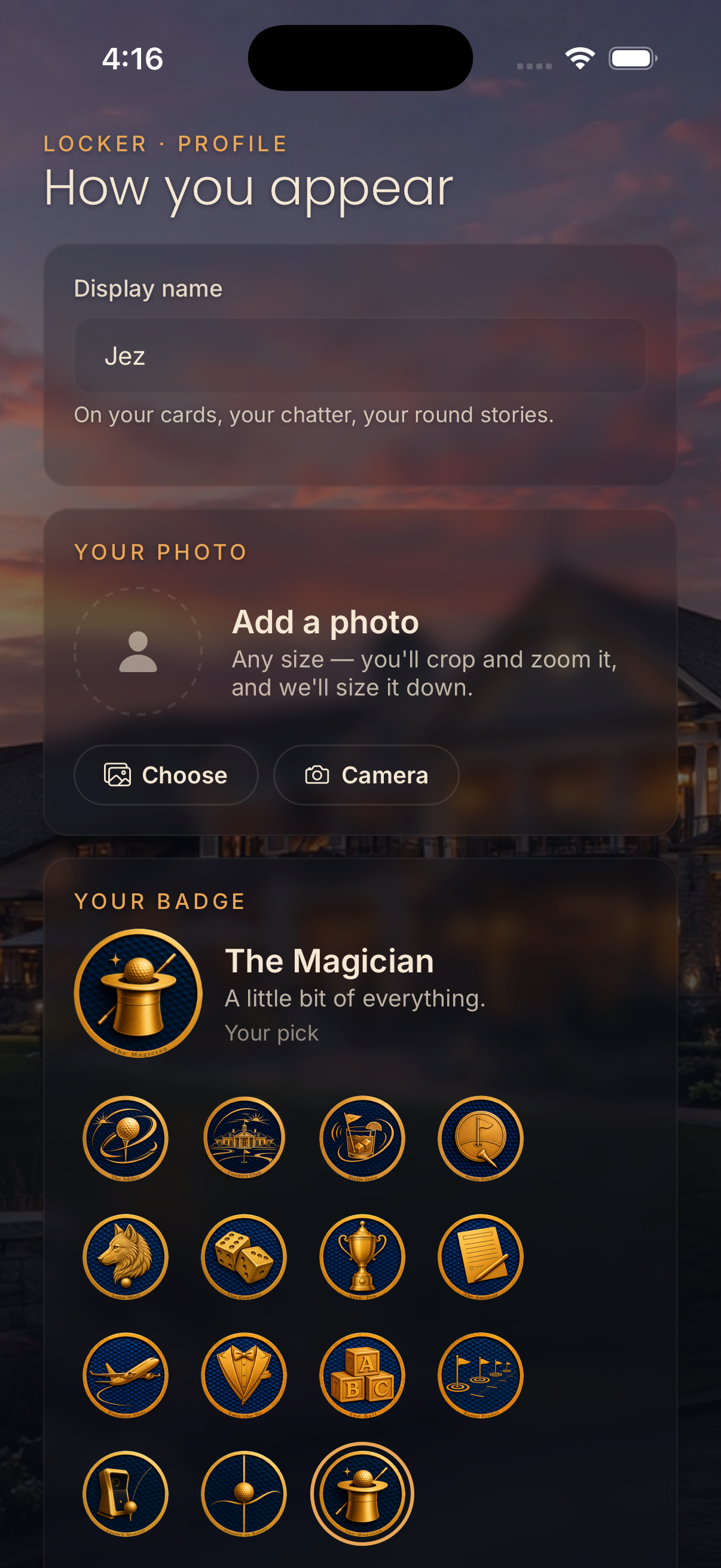 Twilight Clubhouse golfer profile and badge screen using approved seed data