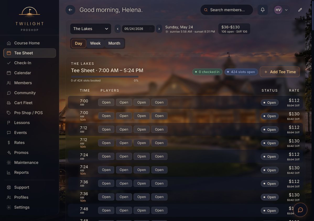 Live Twilight Proshop Tee Sheet with open inventory and course-set rates