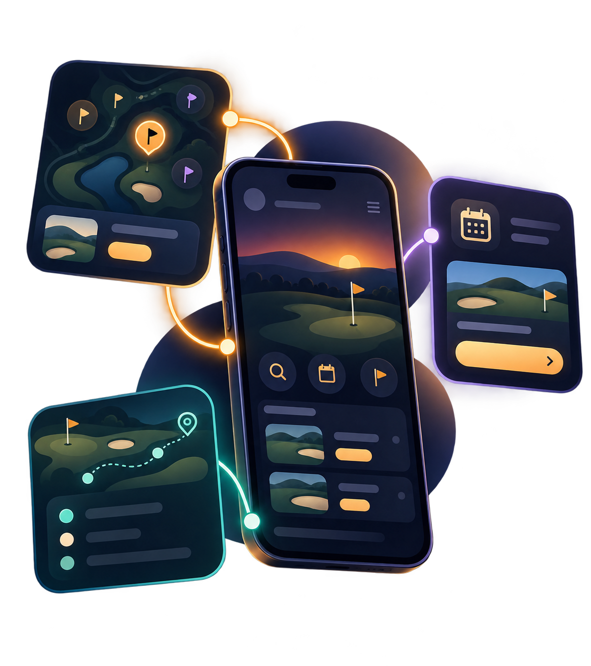 Illustrative Golfer App concept with a tee time, course discovery, and an upcoming round
