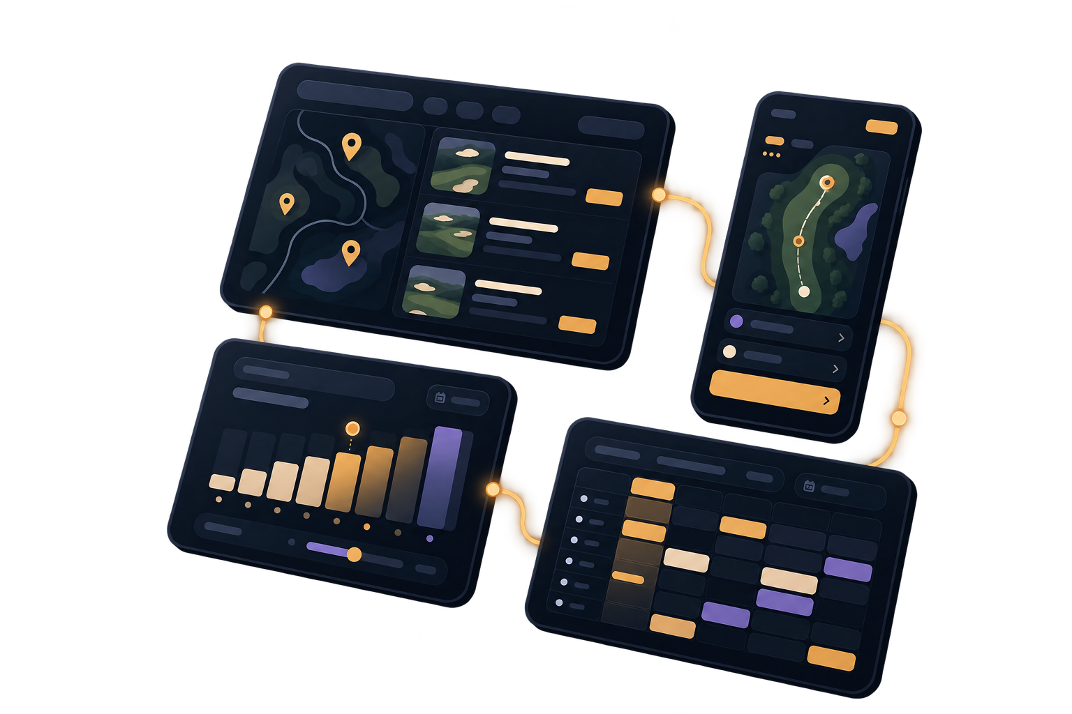 Illustrative platform tour connecting course discovery, the golfer app, dynamic pricing, and the tee sheet